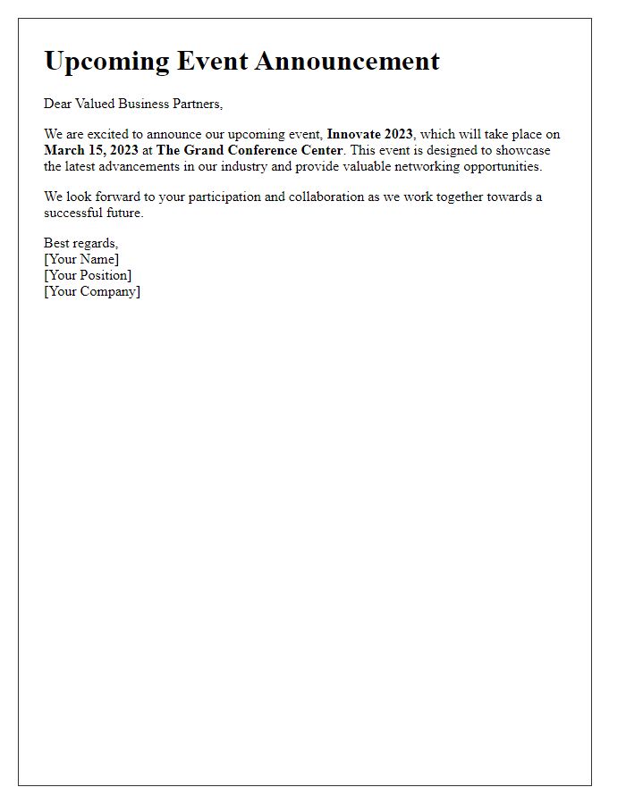 Letter template of an event announcement newsletter introduction for business partners