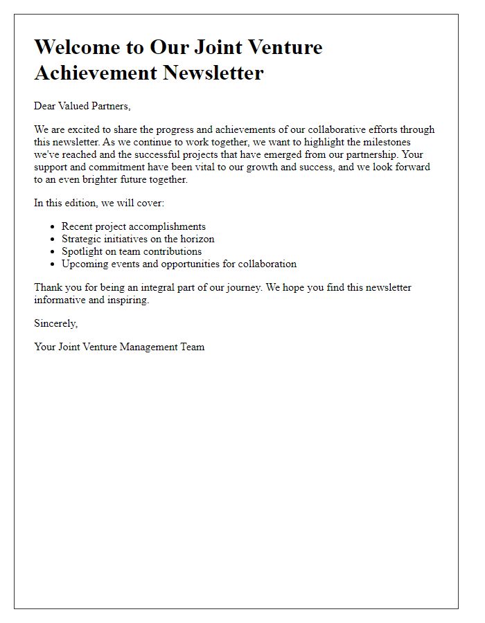 Letter template of a joint venture achievement newsletter introduction for business partners