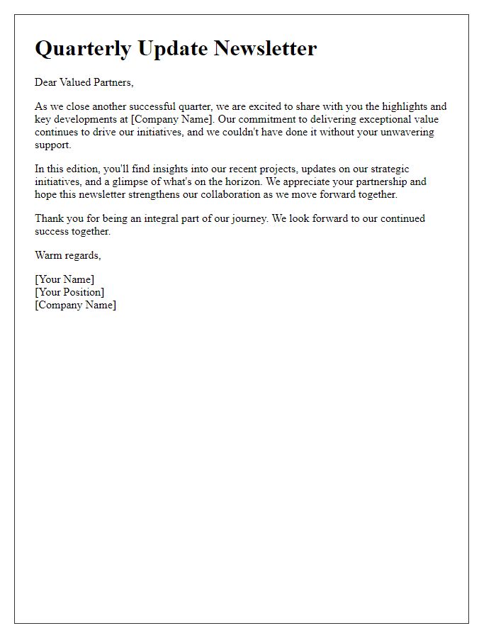 Letter template of a quarterly update newsletter introduction for business partners