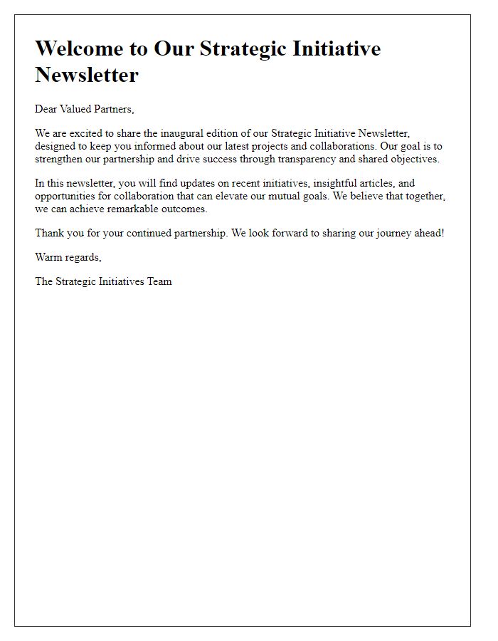 Letter template of a strategic initiative newsletter introduction for business partners