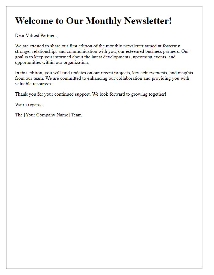 Letter template of a welcoming newsletter introduction for business partners