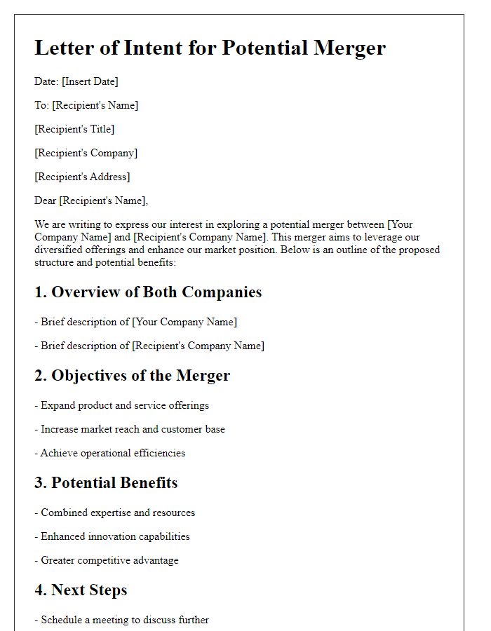 Letter template of potential merger outline for diversified offerings.