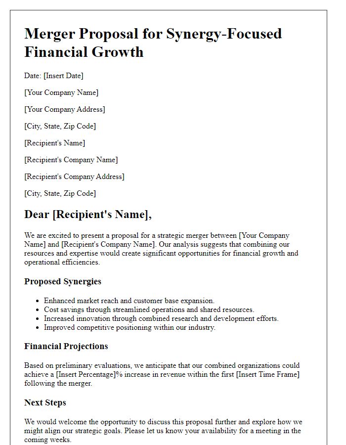 Letter template of synergy-focused merger proposal for financial growth.