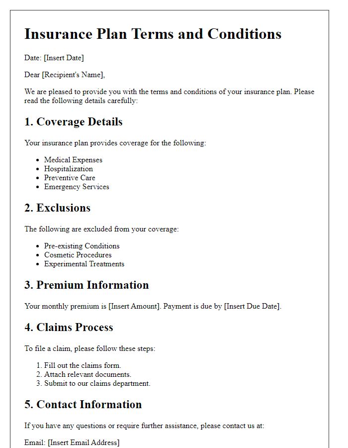 Letter template of insurance plan terms and conditions