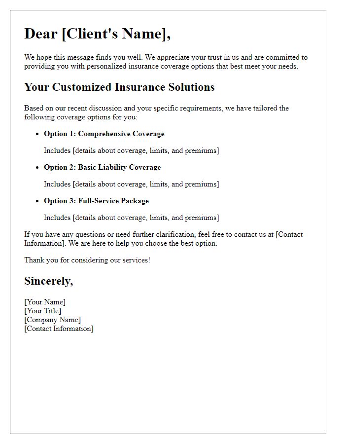 Letter template of personalized insurance coverage options