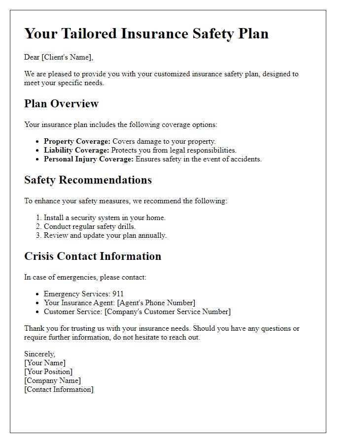 Letter template of tailored insurance safety plan information