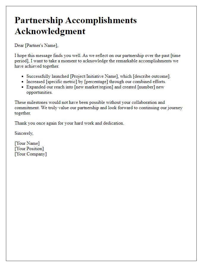 Letter template of acknowledging our partnership accomplishments