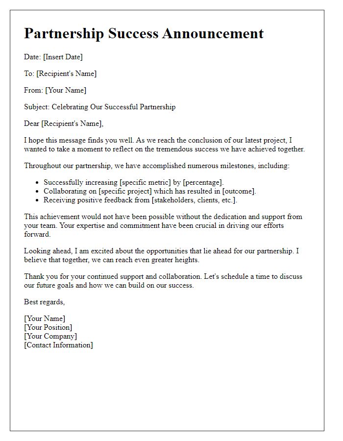 Letter template of showcasing the success of our partnership