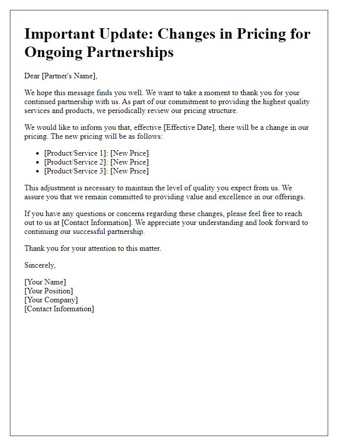 Letter template of changes in pricing for ongoing partnerships