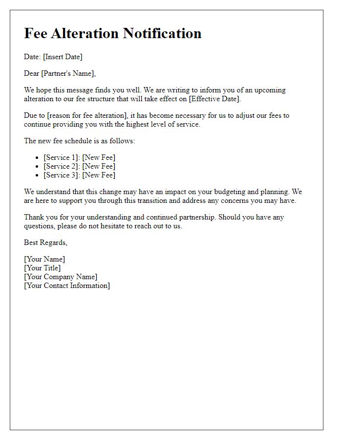 Letter template of fee alteration communication for partners