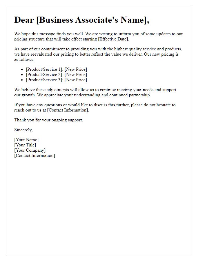 Letter template of new pricing announcement for business associates