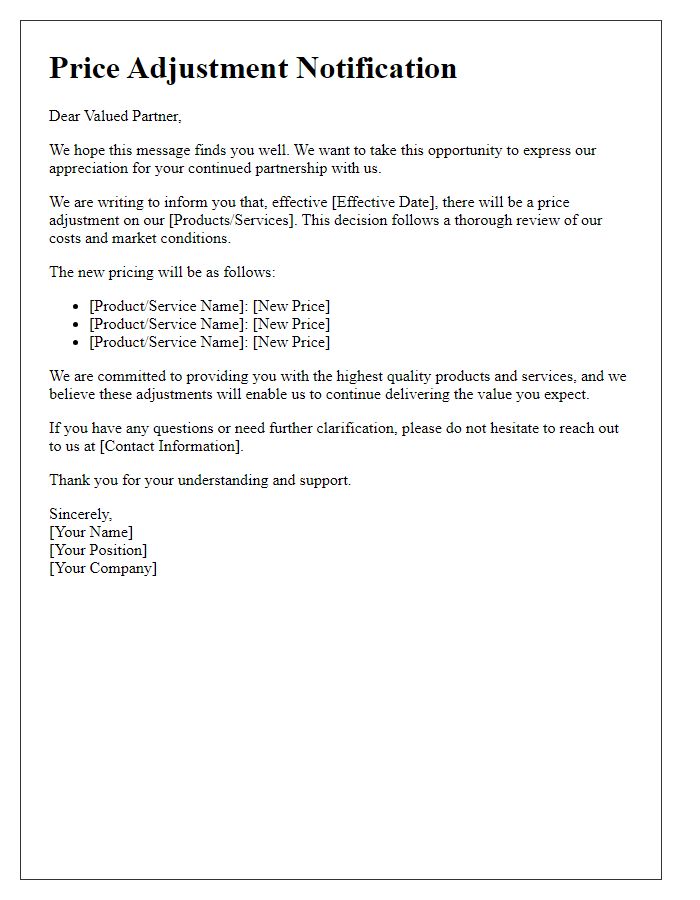 Letter template of price adjustment notification for valued partners