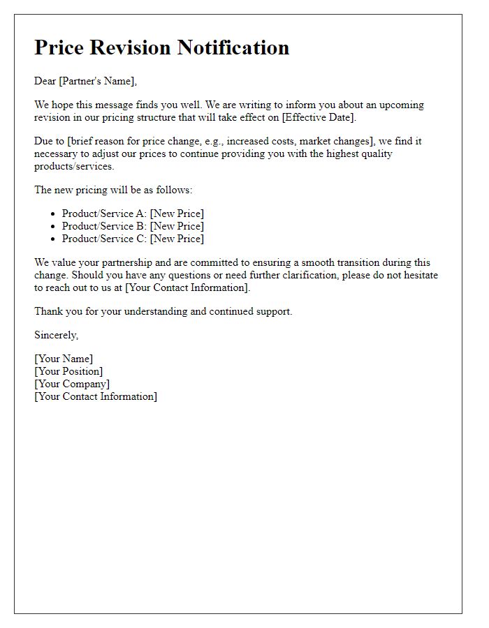 Letter template of price revision communication to partners