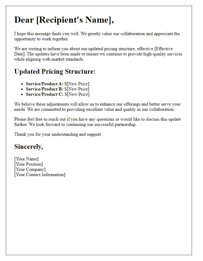 Letter template of updated pricing structure for collaboration