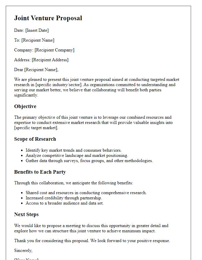 Letter template of joint venture proposal for targeted market research.