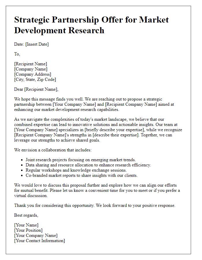 Letter template of strategic partnership offer for market development research.