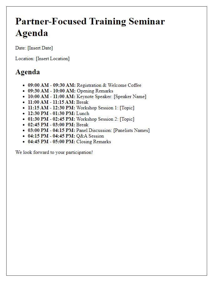 Letter template of agenda for partner-focused training seminar