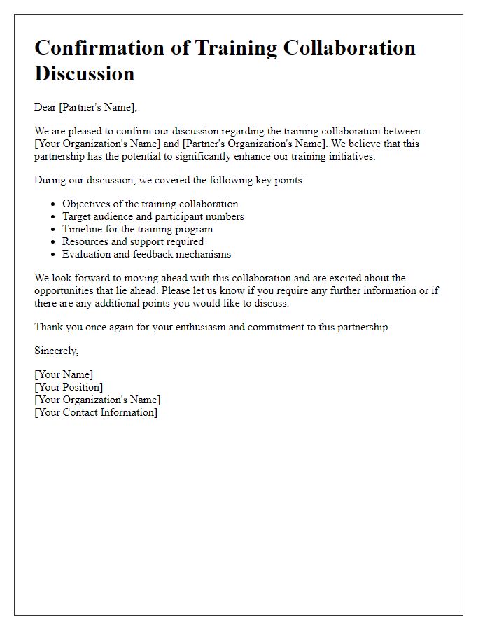 Letter template of confirmation for partner training collaboration discussion