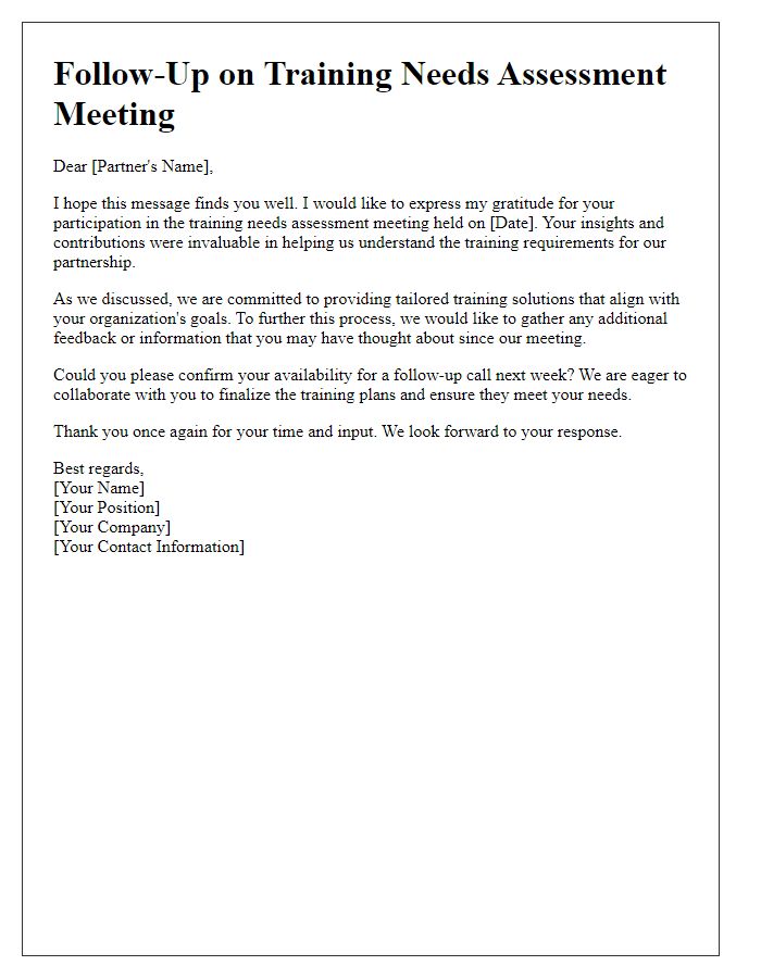 Letter template of follow-up for partner training needs assessment meeting