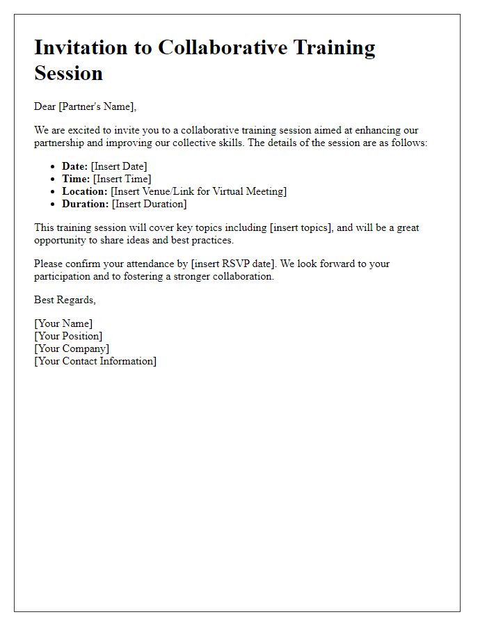 Letter template of invitation for collaborative training session with business partners