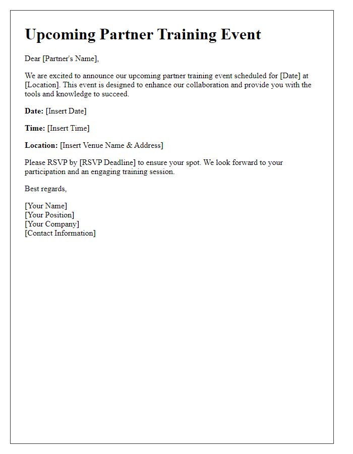 Letter template of notification for upcoming partner training event