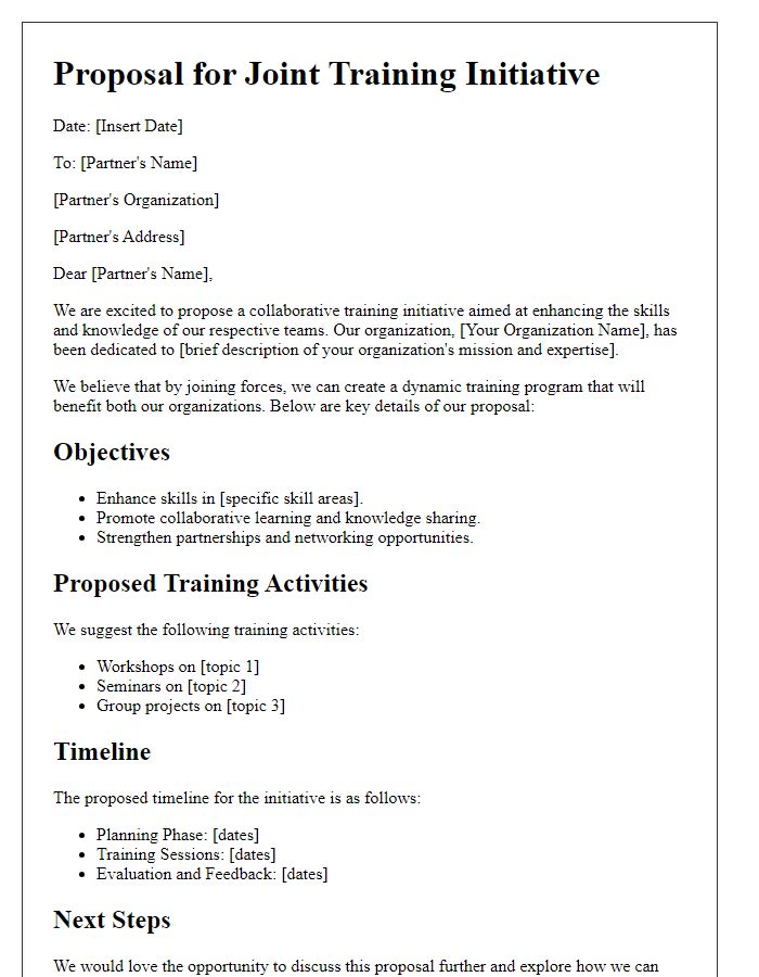 Letter template of proposal for joint training initiative with partners