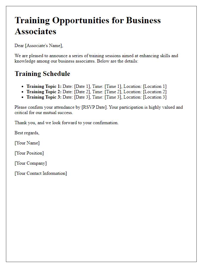 Letter template of scheduling training opportunities for business associates