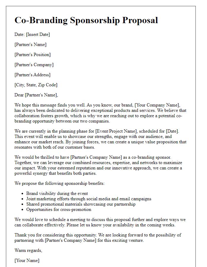 Letter template of co-branding sponsorship appeal to business partner.