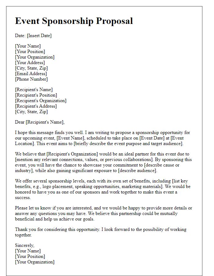 Letter template of event sponsorship proposal addressed to a business partner.