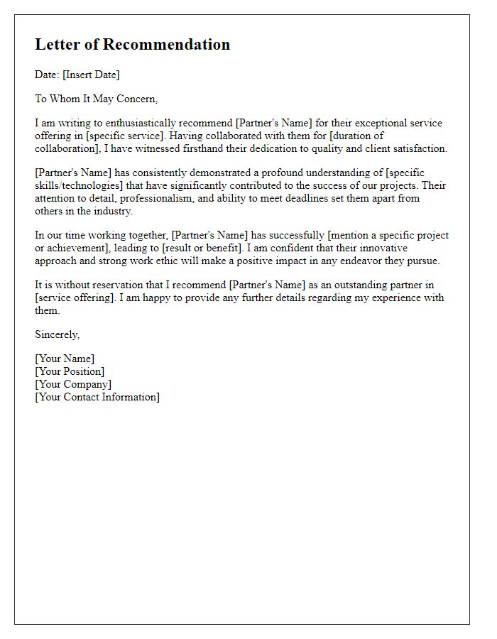 Letter template of recommendation for a partner's service offering.