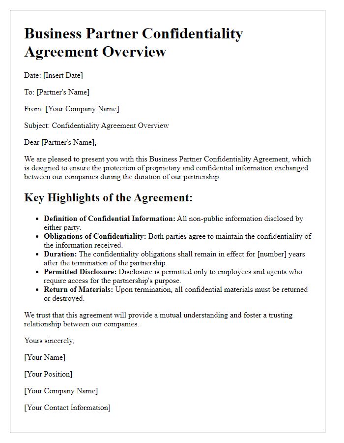 Letter template of Business Partner Confidentiality Agreement Overview