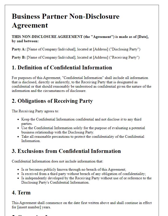 Letter template of Business Partner Non-Disclosure Agreement