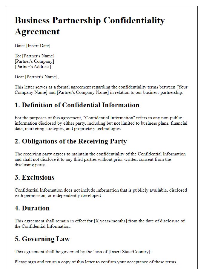 Letter template of Business Partnership Confidentiality Terms