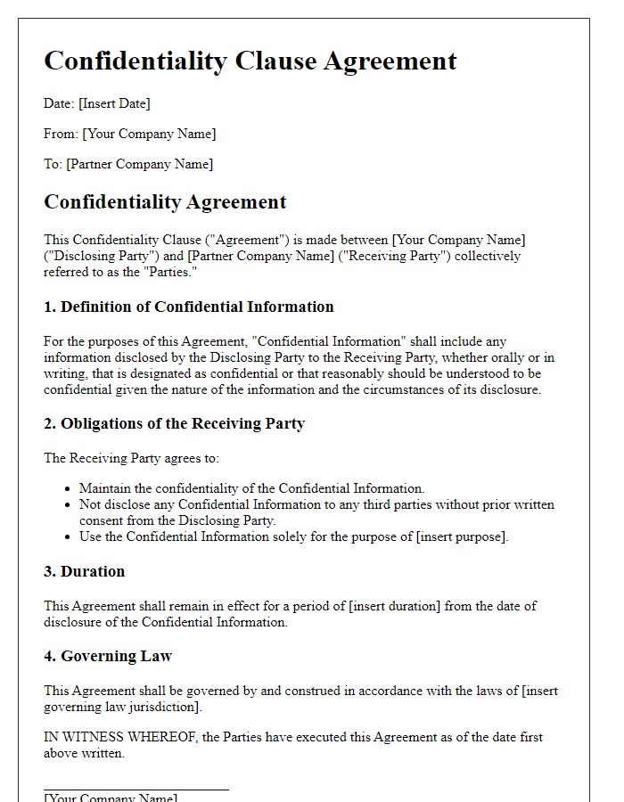 Letter template of Confidentiality Clause for Business Partners