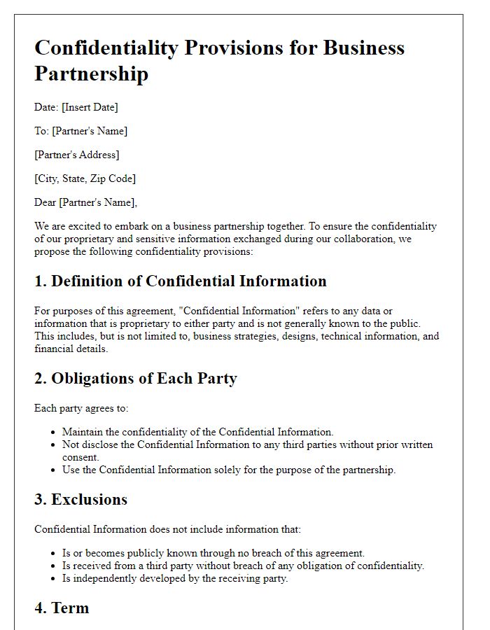 Letter template of Confidentiality Provisions for Business Partnership