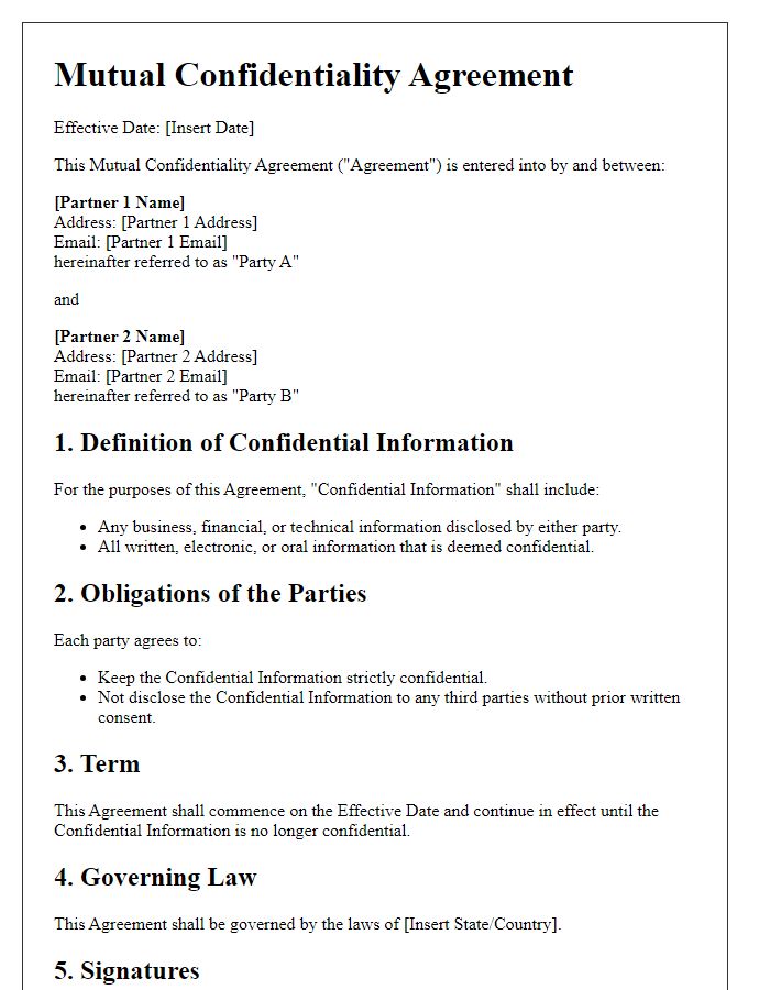 Letter template of Mutual Confidentiality Agreement for Partners