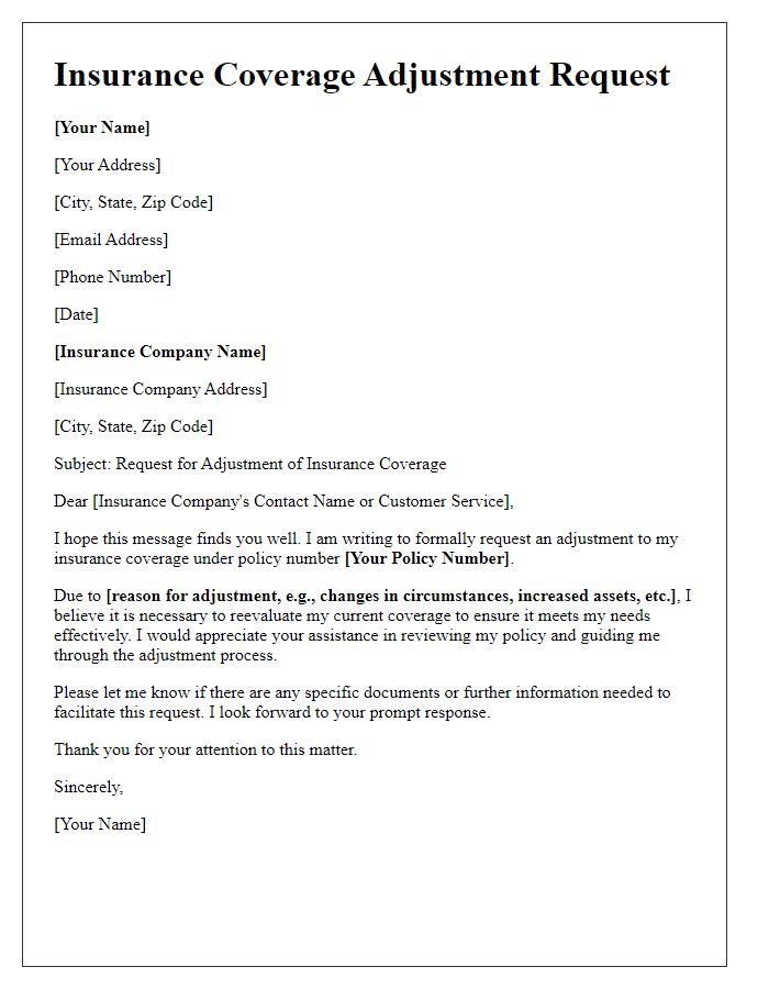 Letter template of insurance coverage adjustment request