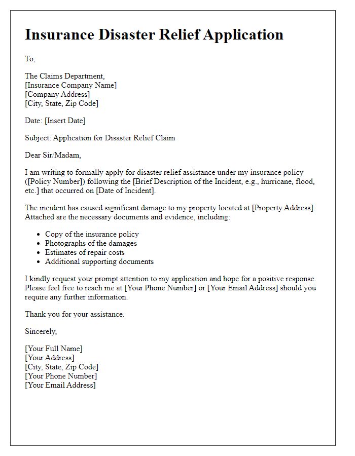 Letter template of insurance disaster relief application