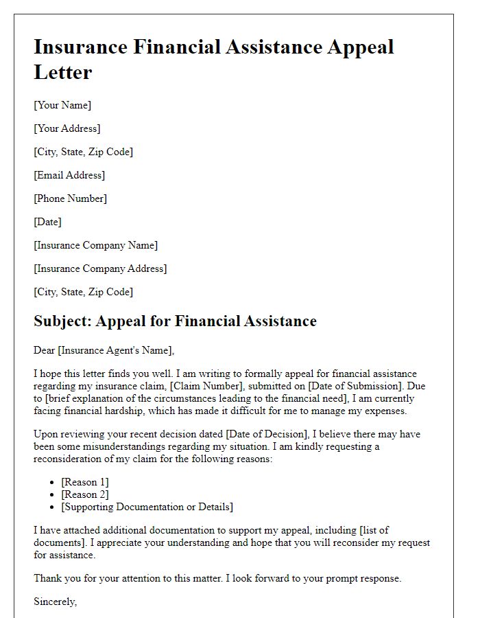 Letter template of insurance financial assistance appeal