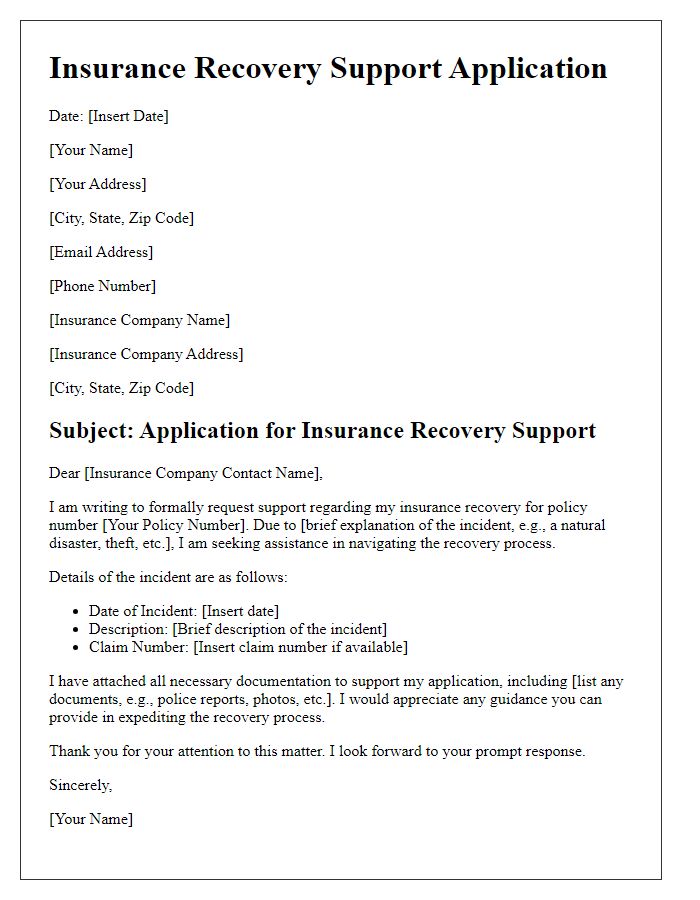 Letter template of insurance recovery support application