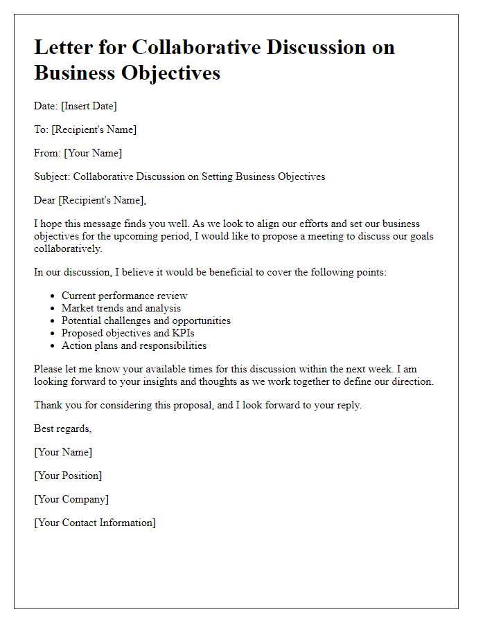 Letter template of collaborative discussion for setting business objectives