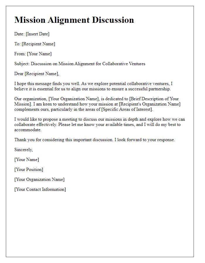 Letter template of mission alignment discussion for collaborative ventures