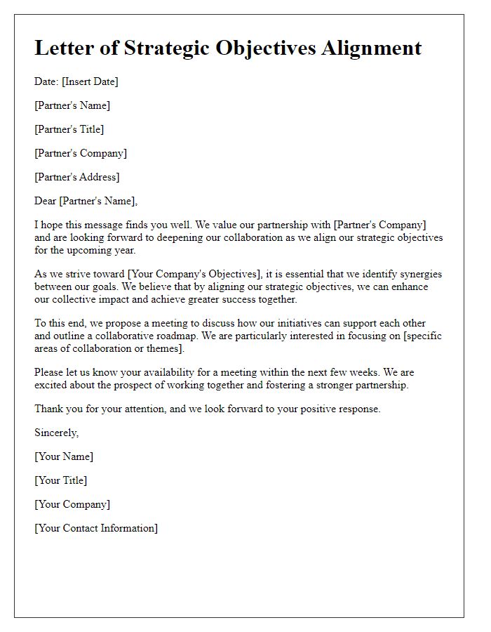 Letter template of strategic objectives alignment for partner collaboration