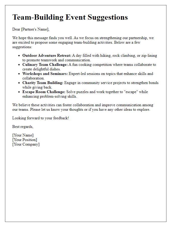 Letter template of activity suggestions for business partner team-building event.