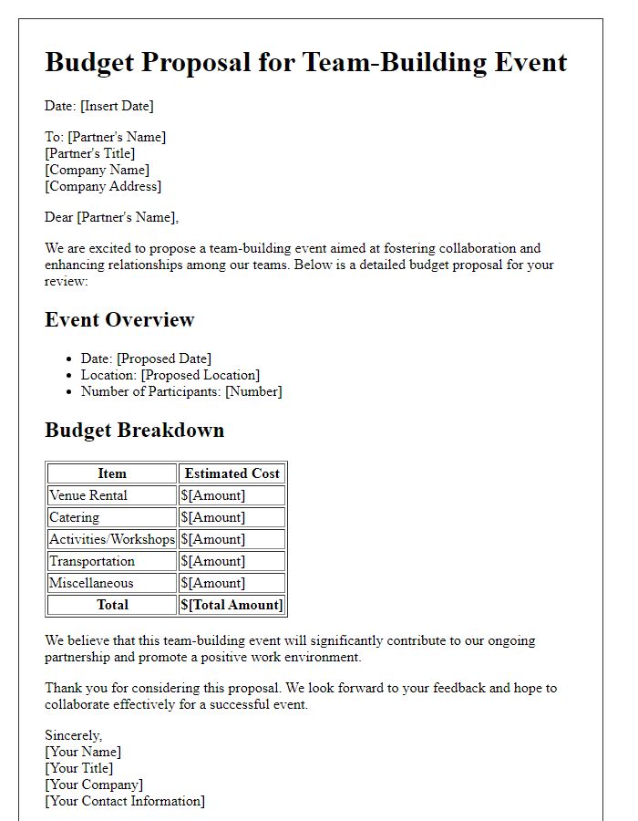 Letter template of budget proposal for business partner team-building event.