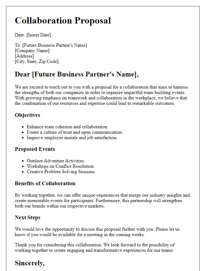 Letter template of collaboration proposal for future business partner team-building events.