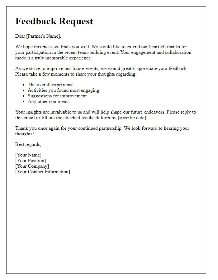 Letter template of feedback request after business partner team-building event.