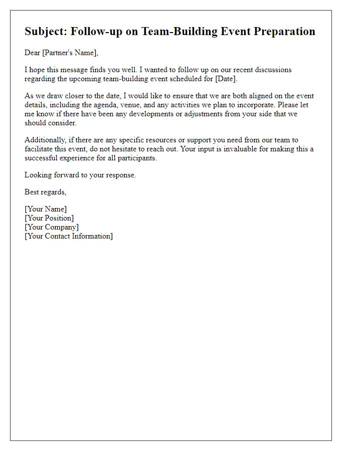 Letter template of follow-up for business partner team-building event preparation.