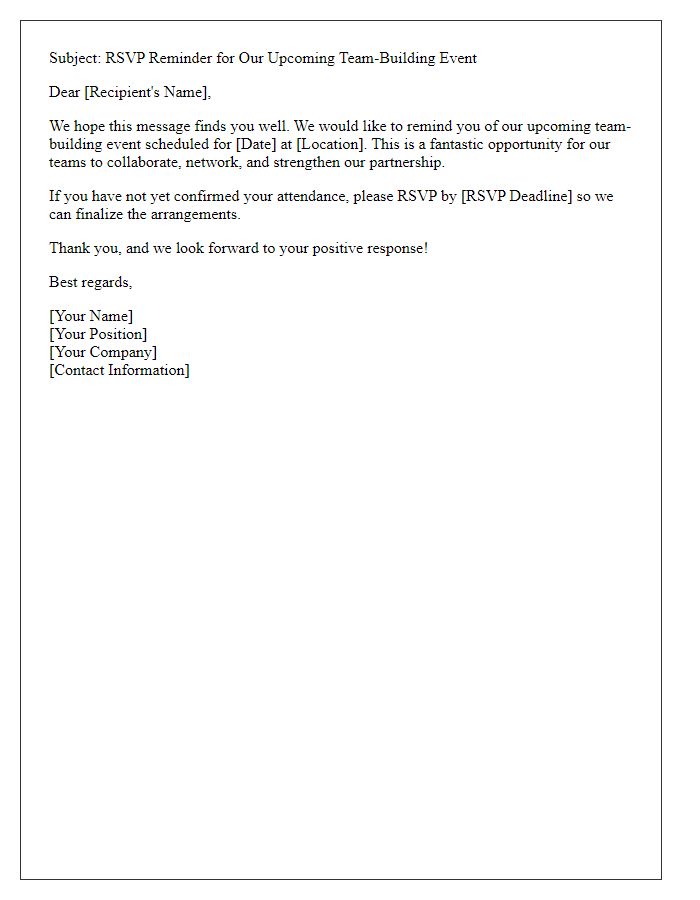 Letter template of RSVP reminder for business partner team-building event.