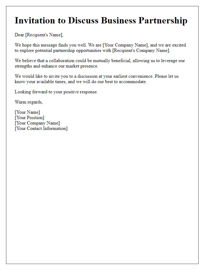 Letter template of invitation for business partnership discussion.